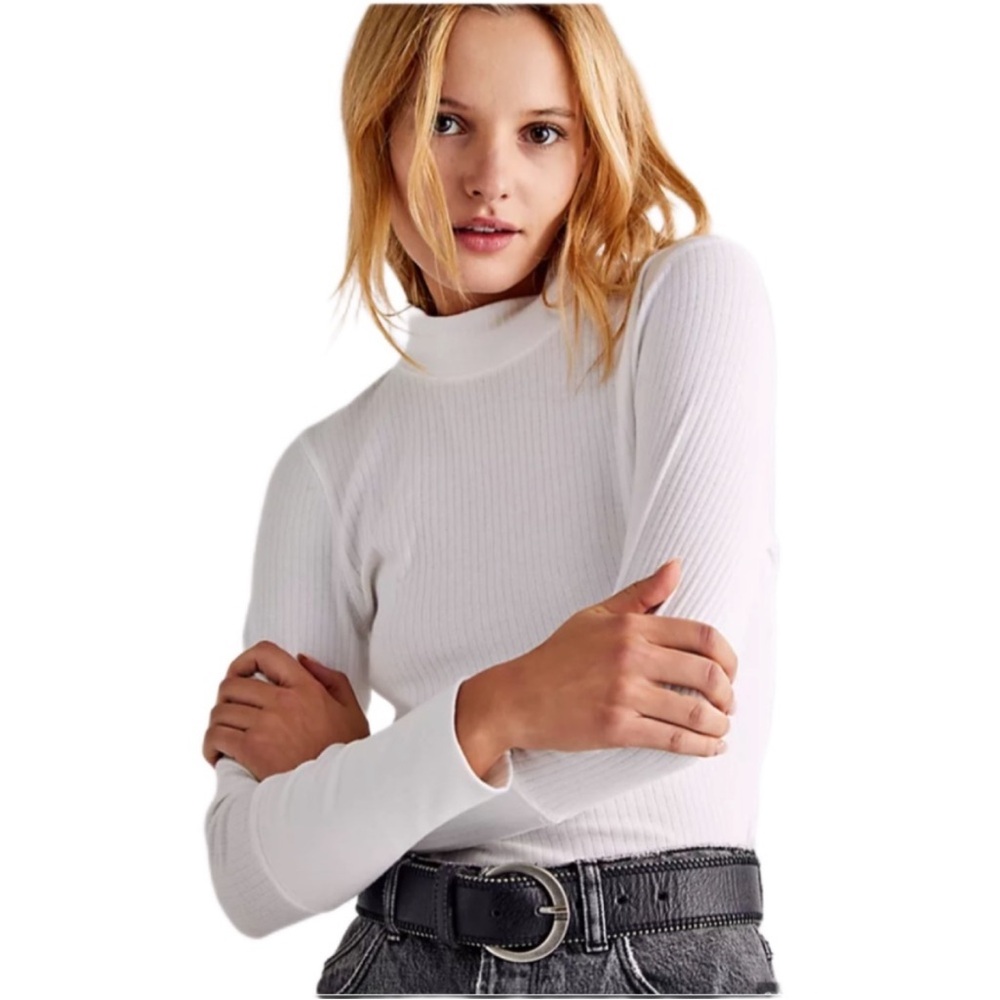 Free People White Ribbed Long Sleeve Mock Neck Top